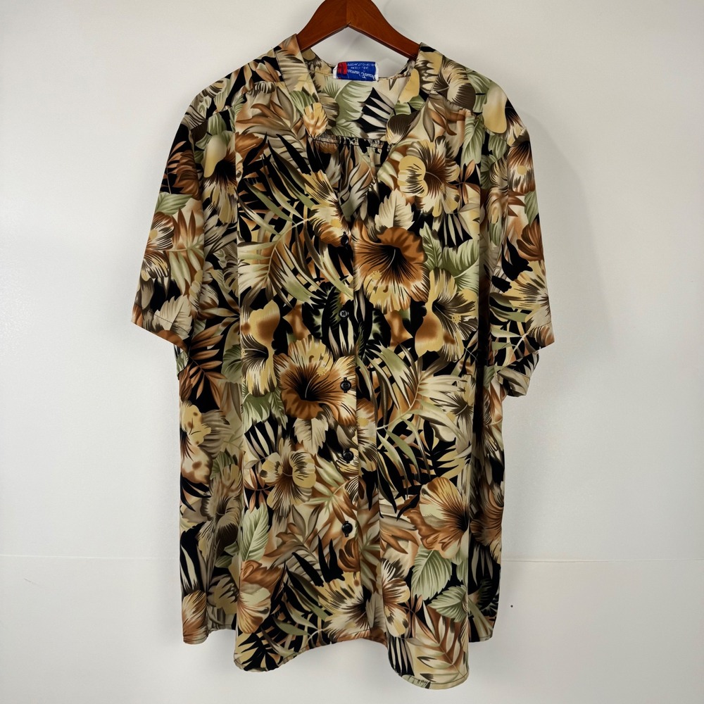 A Personal Touch Tunic Blouse Women 5X Brown Floral Tropical SS Button Up